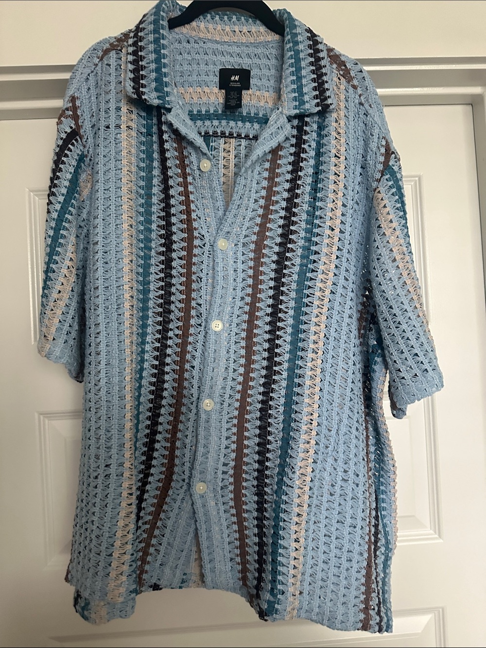 H&M Light Blue Striped Crochet Button-Up Shirt